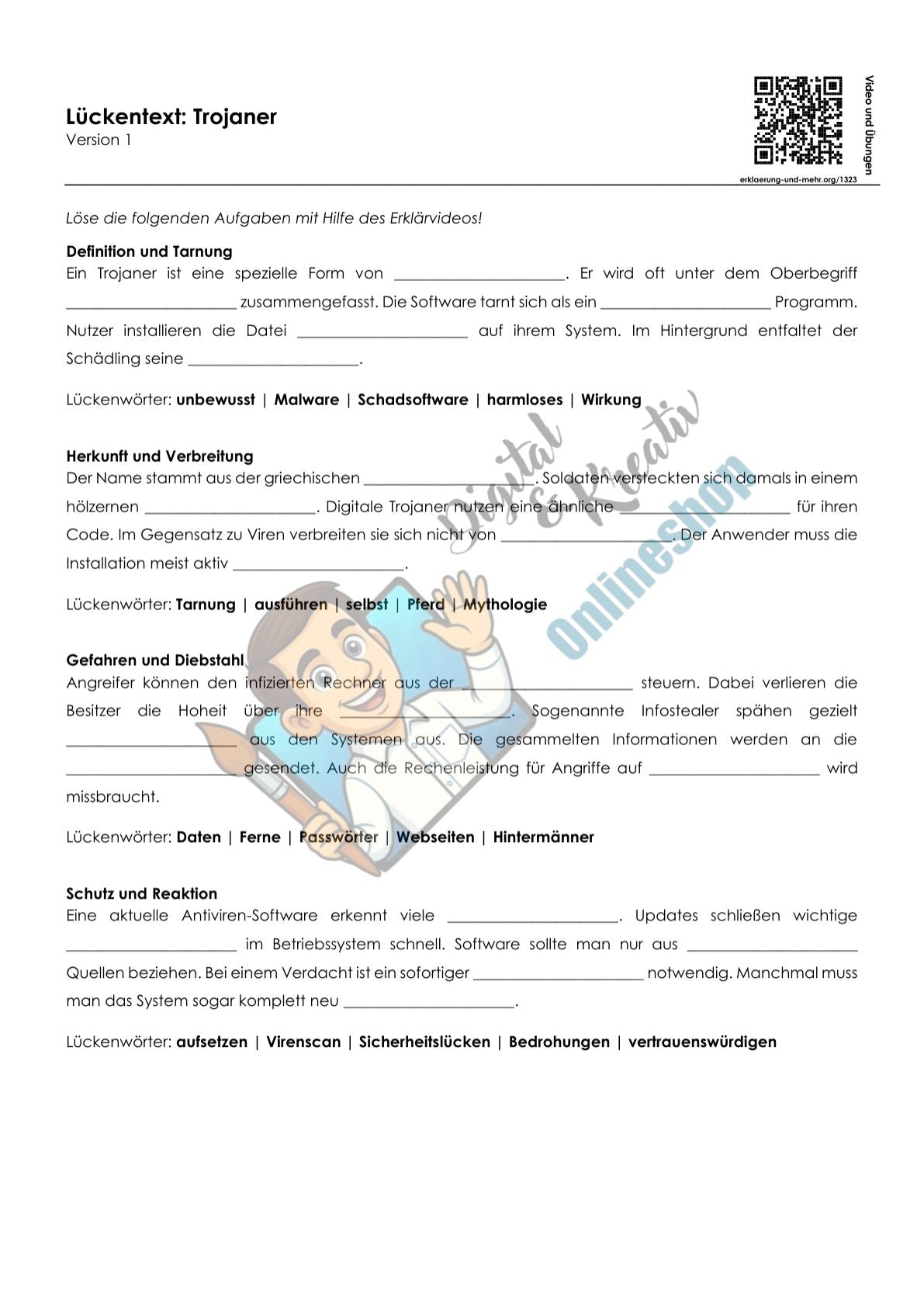 Trojaner Arbeitsheft, 10 Seiten, mit 3 Lückentexten, Übungen und Lösungen