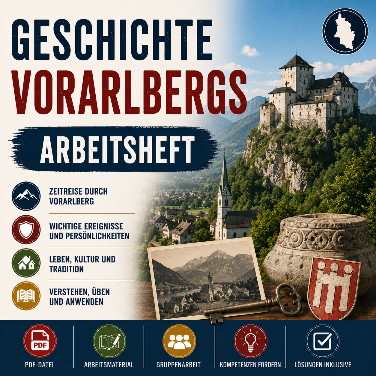Geschichte Vorarlbergs Arbeitsheft (PDF) mit Erklärvideos, Onlineübungen und Lösungen | 16 Seiten