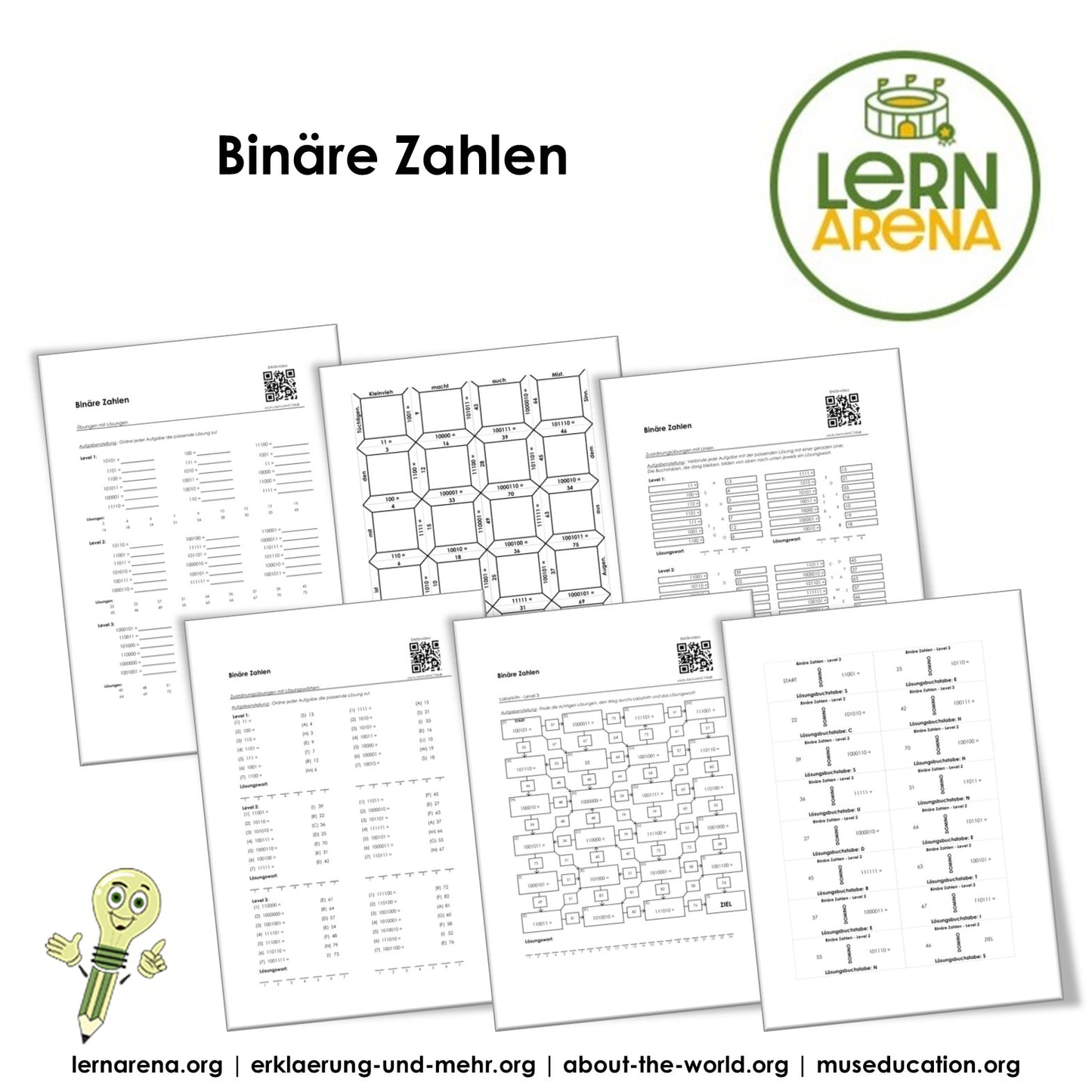 Binäre Zahlen Arbeitsblatt Paket (PDF) mit 3 Levels, Spielen, QR Codes und Lösungen | 32 Seiten