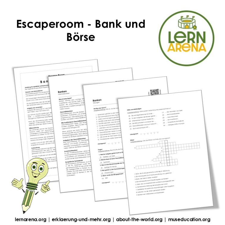 Escape Room Bank und Börse (PDF) mit Infotexten, Aufgaben, QR Codes und Lösungen | 32 Seiten – Titelbild