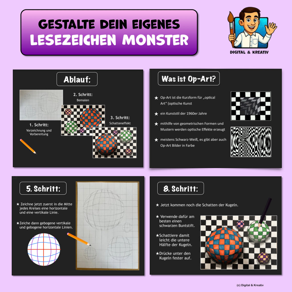 Kunstprojekt „Op-Art-Kugeln“ – Schritt-für-Schritt-Anleitung zur optischen Täuschung mit Filzstiften (15 Seiten)