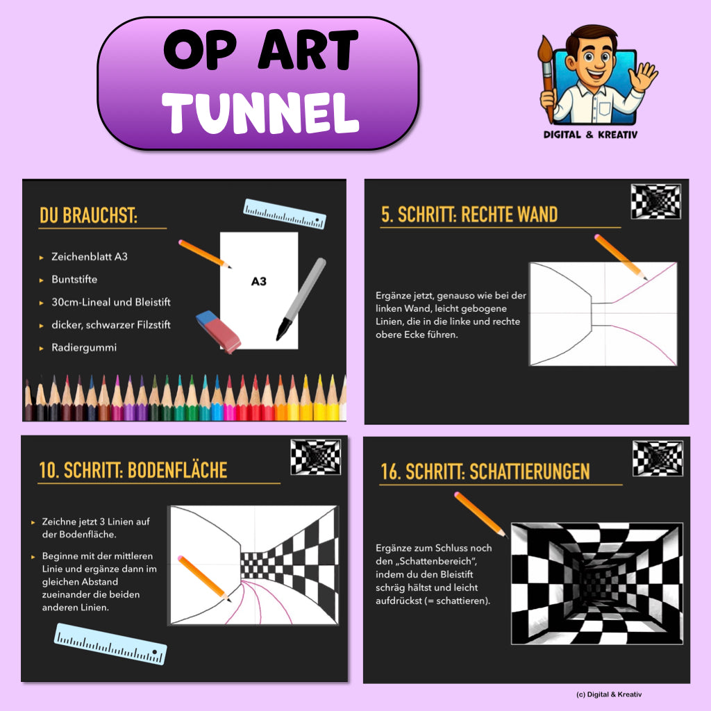 Kunstprojekt „Op-Art Tunnel“ – Optische Täuschung mit Linien & Perspektive (22 Seiten)