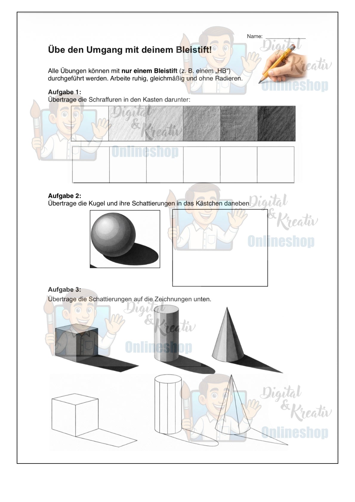 Der Bleistift – Grundlagen des Zeichnens und Schattierens (Arbeitsblatt, 2 Seiten PDF)