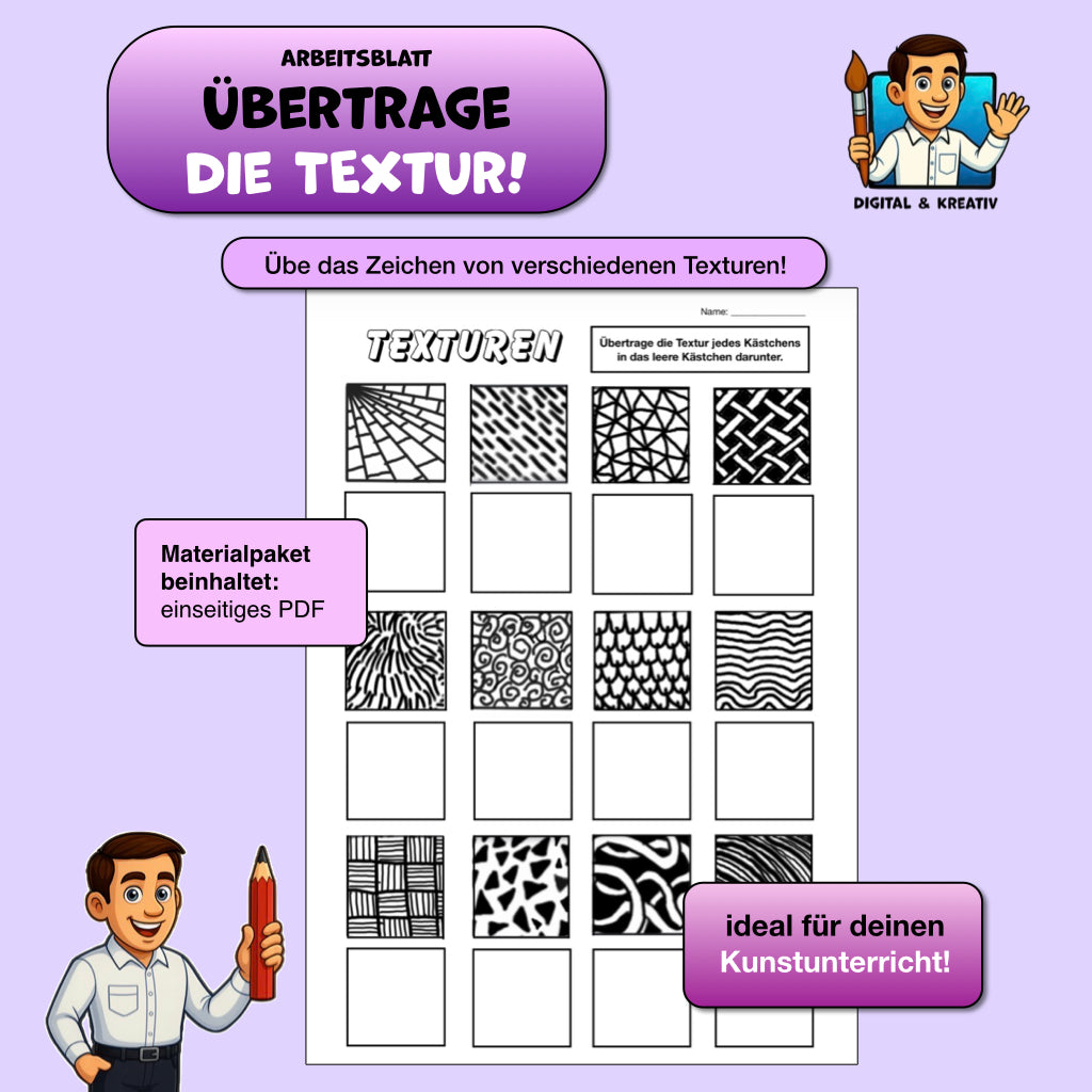 Arbeitsblatt „Texturen übertragen“ – Muster genau beobachten & zeichnen (1 Seite)