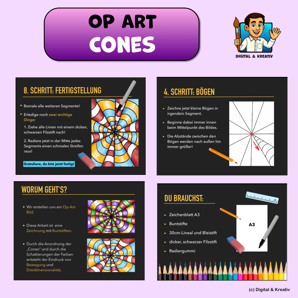 Kunstprojekt „Op-Art Cones“ – Schritt-für-Schritt-Anleitung zur optischen Täuschung mit Buntstiften (16 Seiten)