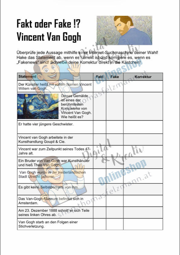 Fakt oder Fake? – Vincent van Gogh | Arbeitsheft (2 Seiten inkl. Lösung)