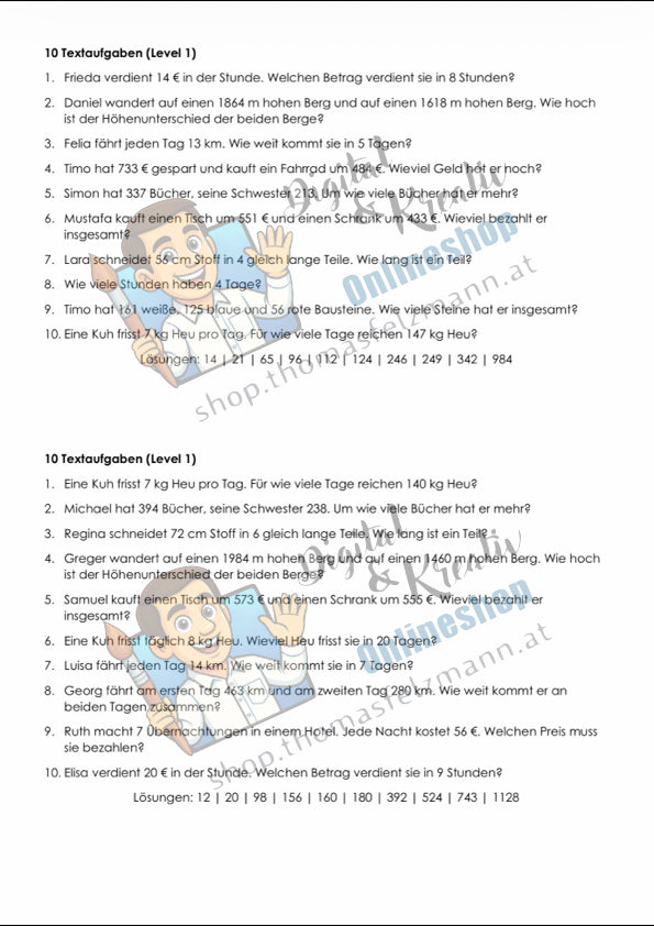 Textaufgaben ohne Dezimalzahlen | Sammlung (95 Seiten inkl. Lösungen)