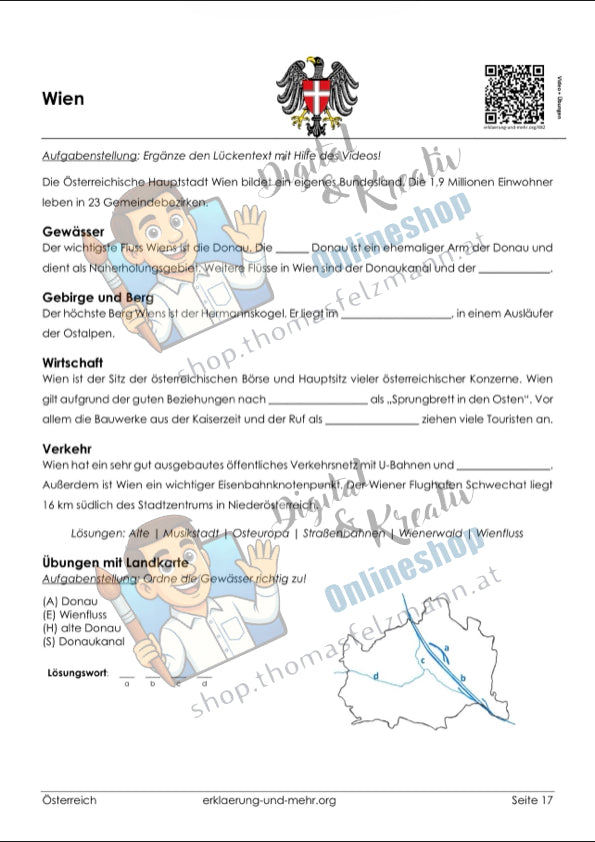 Arbeitsblatt Wien aus dem Arbeitsheft "Österreich"| 1 Seite | Lückentext + Landkarte-Übung