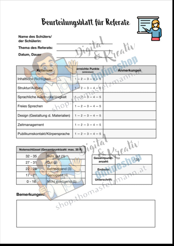 Beurteilungsblatt für Referate (5 Noten)