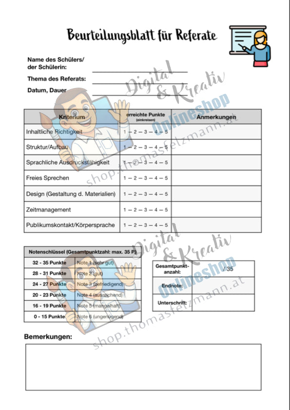 Beurteilungsblatt für Referate (6 Noten)