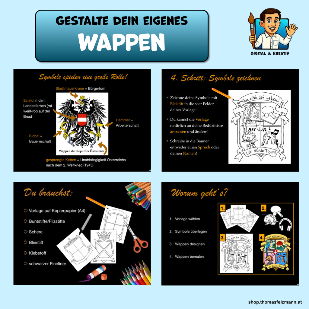 Kunstprojekt „Mein eigenes Wappen“: Schritt-für-Schritt-Anleitung zur Symbolgestaltung (19 Seiten - PDF-Version)