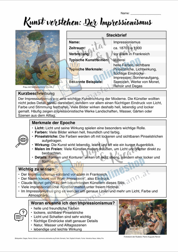 Kunst verstehen: Der Impressionismus | Infoblatt zu einer wichtigen Kunstepoche (2 Seiten PDF)