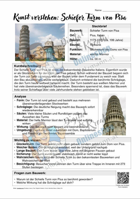 Kunst verstehen: Schiefer Turm von Pisa | Infoblatt für den Kunstunterricht | PDF