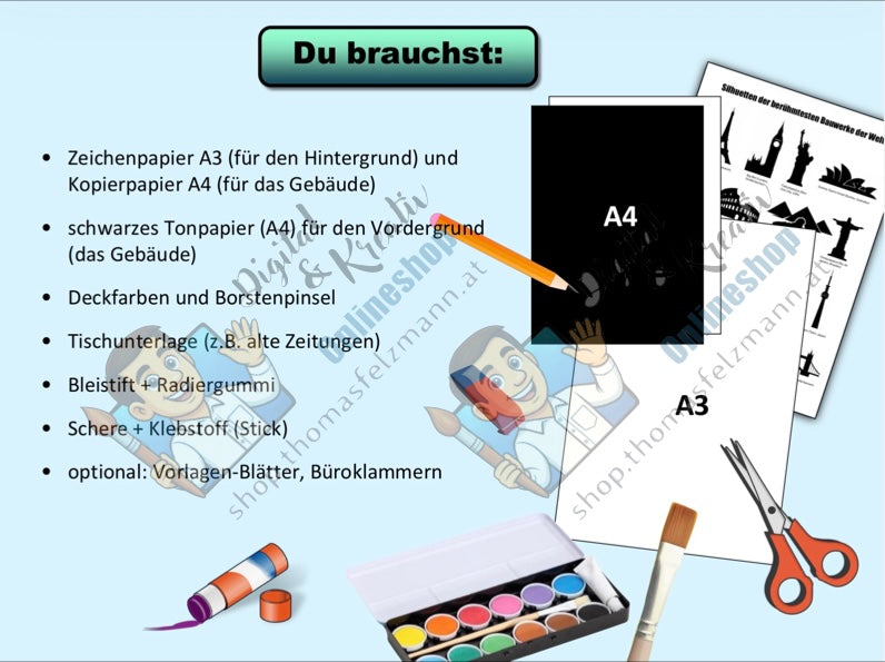 Silhouetten berühmter Bauwerke – Kunstprojekt (17-seitige Anleitung + 15-seitige Vorlagen)
