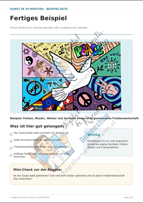 Kunst in 30 Minuten – Gestalte eine Friedenstaube | 3-seitige Sofortdruck-Version