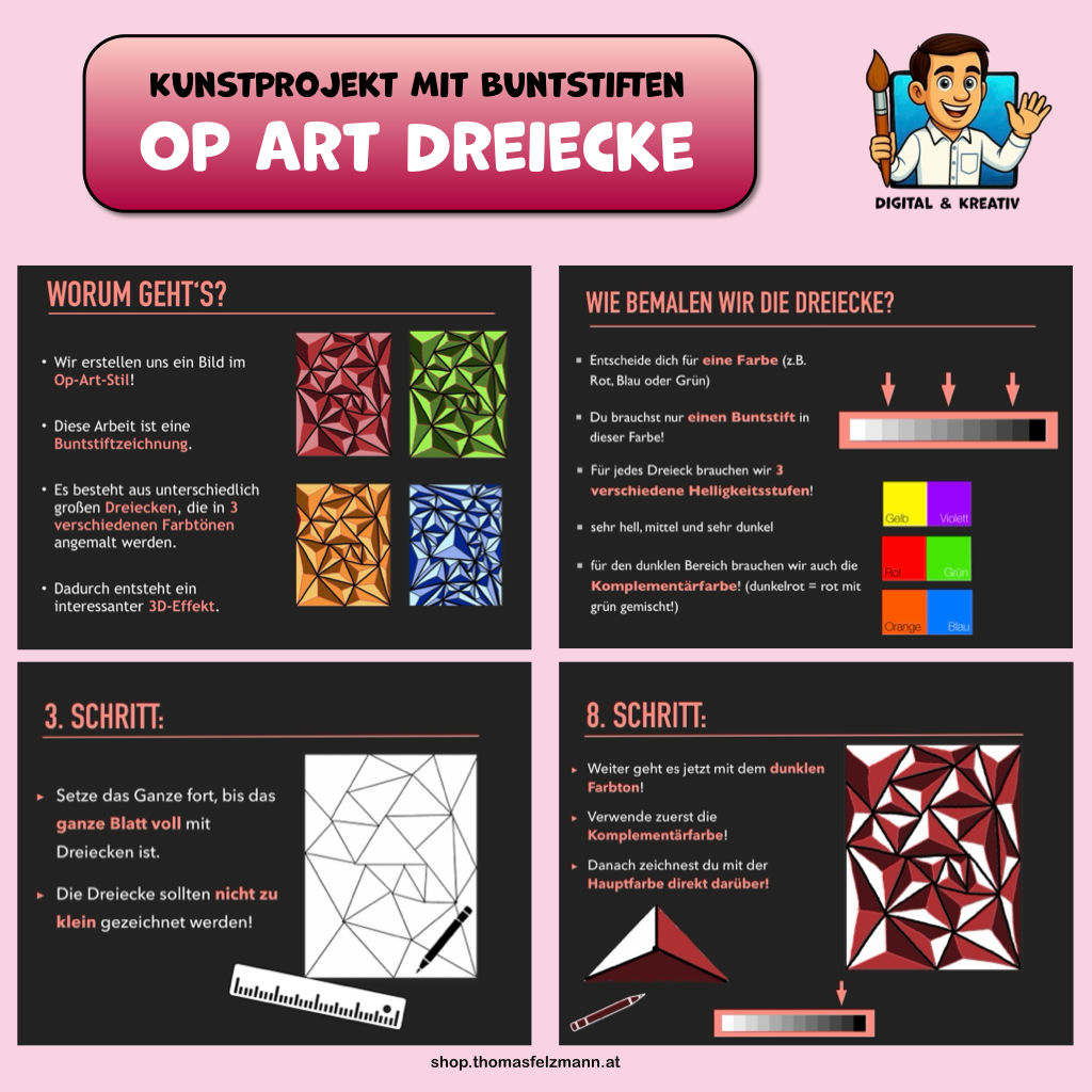 Op-Art Dreiecke: Buntstiftzeichnung mit 3D-Effekt