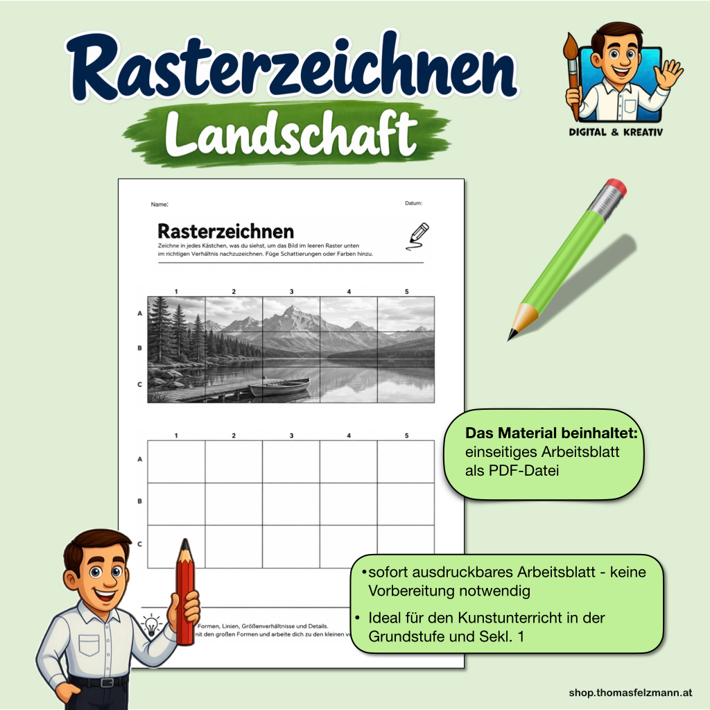 Rasterzeichnen Landschaft – kostenloses Arbeitsblatt für den Kunstunterricht