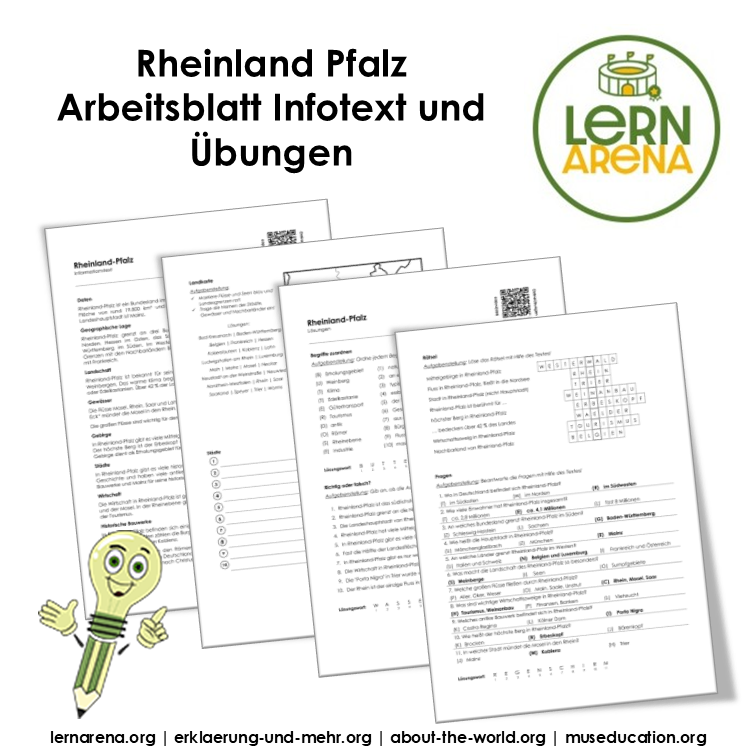 Rheinland-Pfalz Arbeitsblatt (PDF) mit Infotext, Übungen, Landkarte, Lösungen und QR-Codes | 7 Seiten