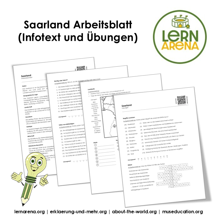 Saarland Arbeitsblatt (PDF) mit Infotext, Übungen, Landkarte, Lösungen und QR-Codes | 9 Seiten