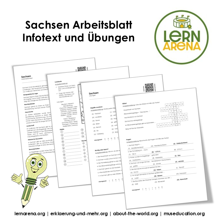 Sachsen Arbeitsblatt (PDF) mit Infotext, Übungen, Landkarte, Lösungen und QR-Codes | 7 Seiten