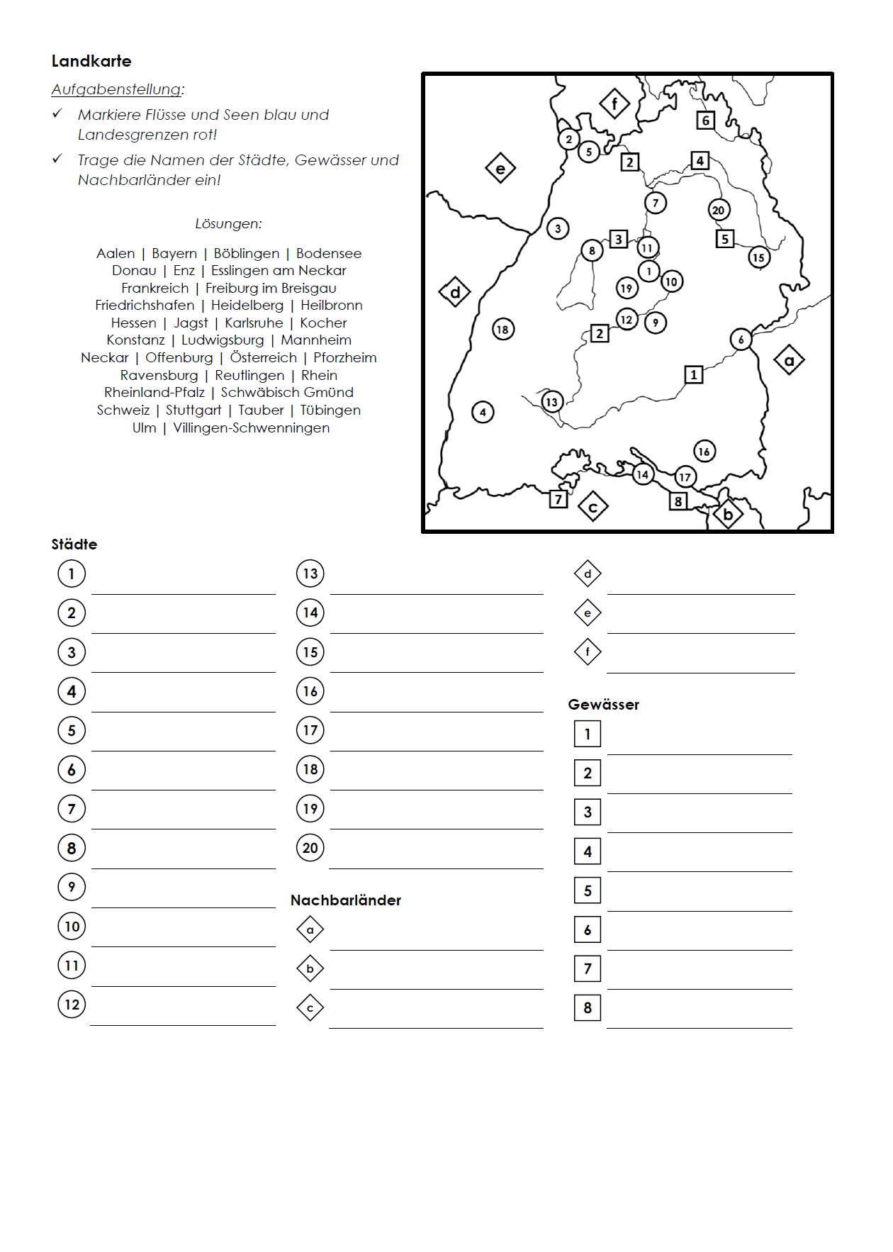 Baden-Württemberg Arbeitsblatt (PDF) mit Infotext, Übungen, Landkarte und Lösungen | 7 Seiten