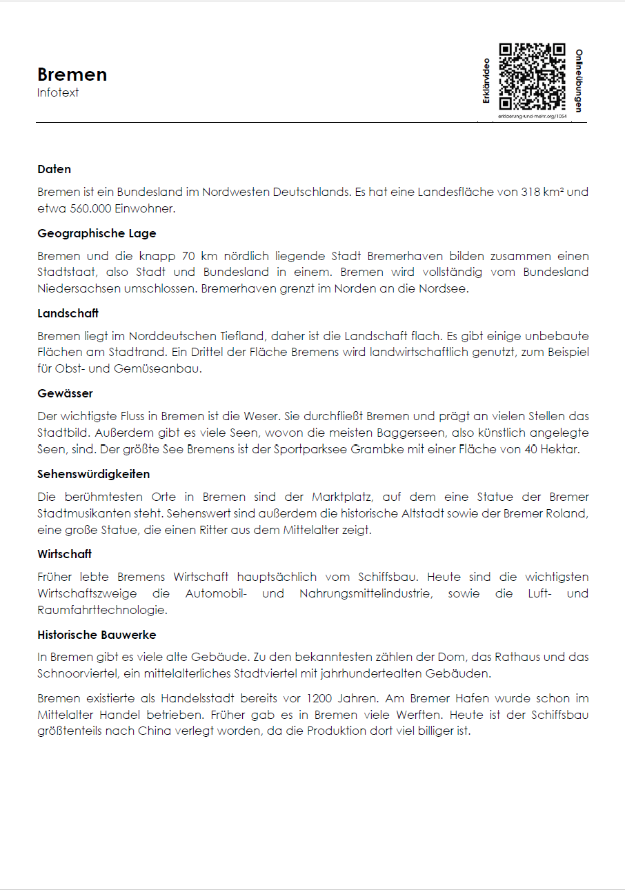 Bremen Arbeitsblatt (PDF) mit Infotext, Übungen (Rätsel/MC), Lösungen und QR-Codes | 7 Seiten