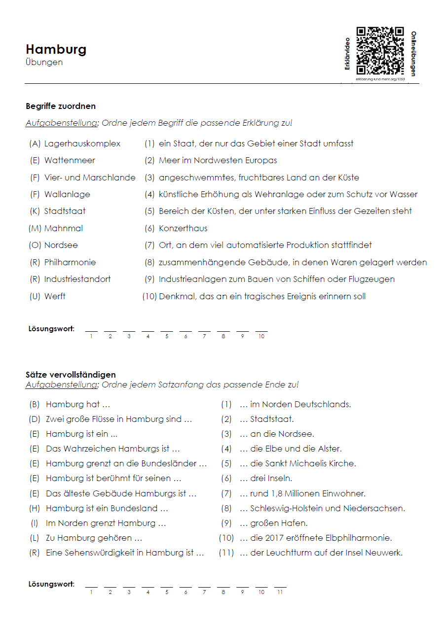 Hamburg Arbeitsblatt (PDF) mit Infotext, Übungen, Lösungen und QR-Codes | 5 Seiten
