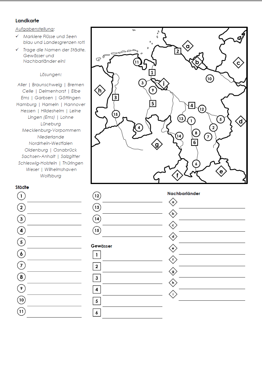 Niedersachsen Arbeitsblatt (PDF) mit Infotext, Übungen, Landkarte, Lösungen und QR-Codes | 9 Seiten