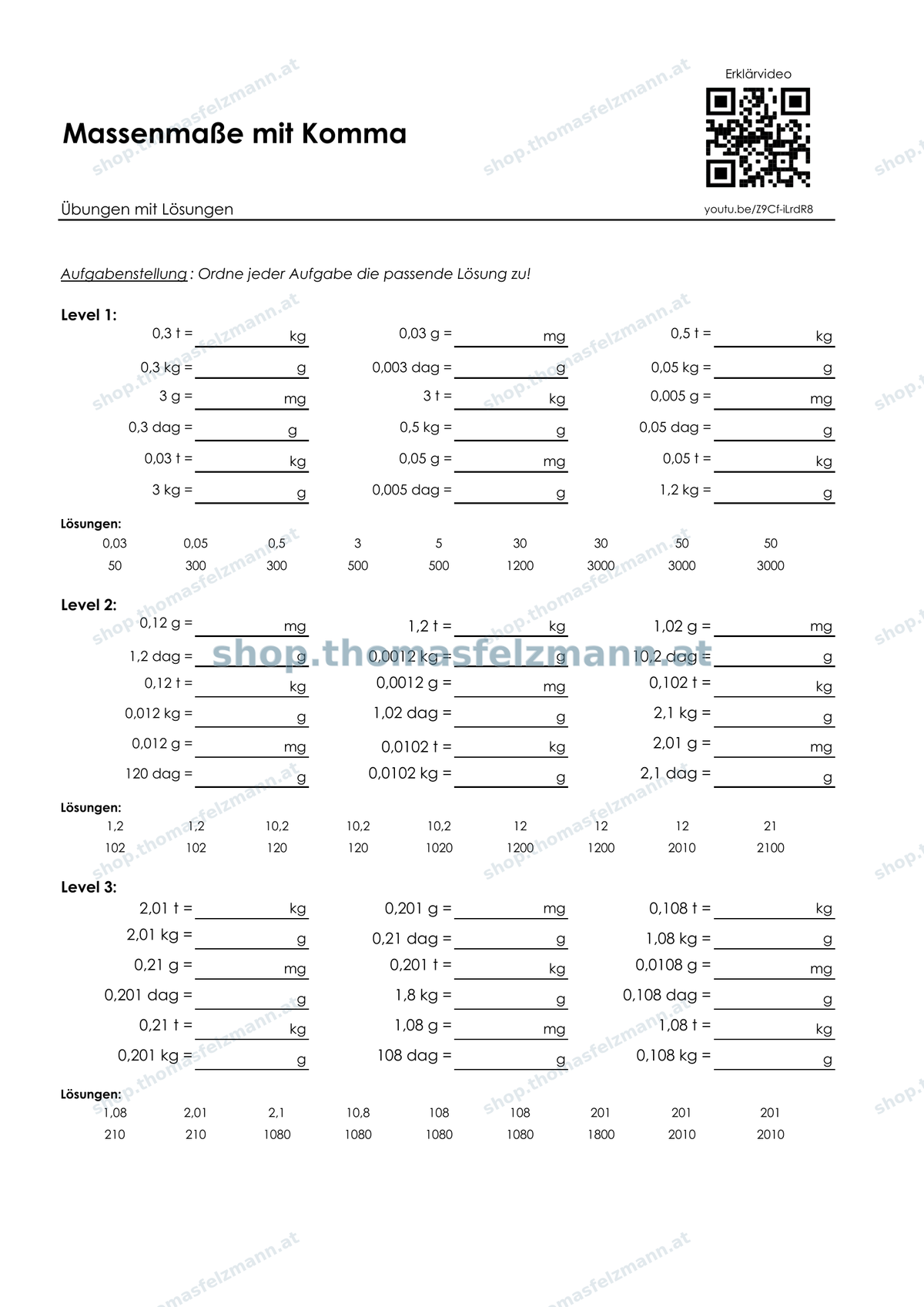 Massenmaße mit Komma (mg, g, dag, kg, t) | Arbeitsheft (180 Seiten inkl. Lösungen)