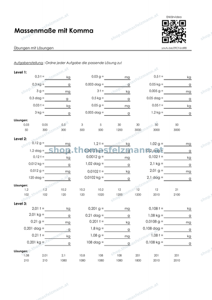 Massenmaße mit Komma (mg, g, dag, kg, t) | Arbeitsheft (180 Seiten inkl. Lösungen)
