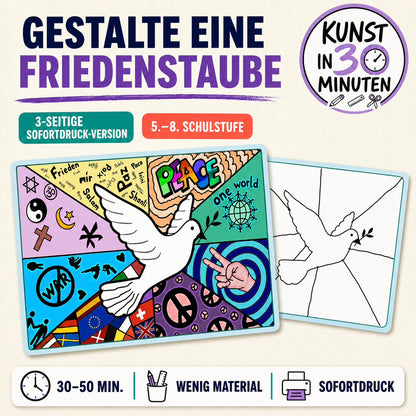 Kunst in 30 Minuten – Gestalte eine Friedenstaube | 3-seitige Sofortdruck-Version