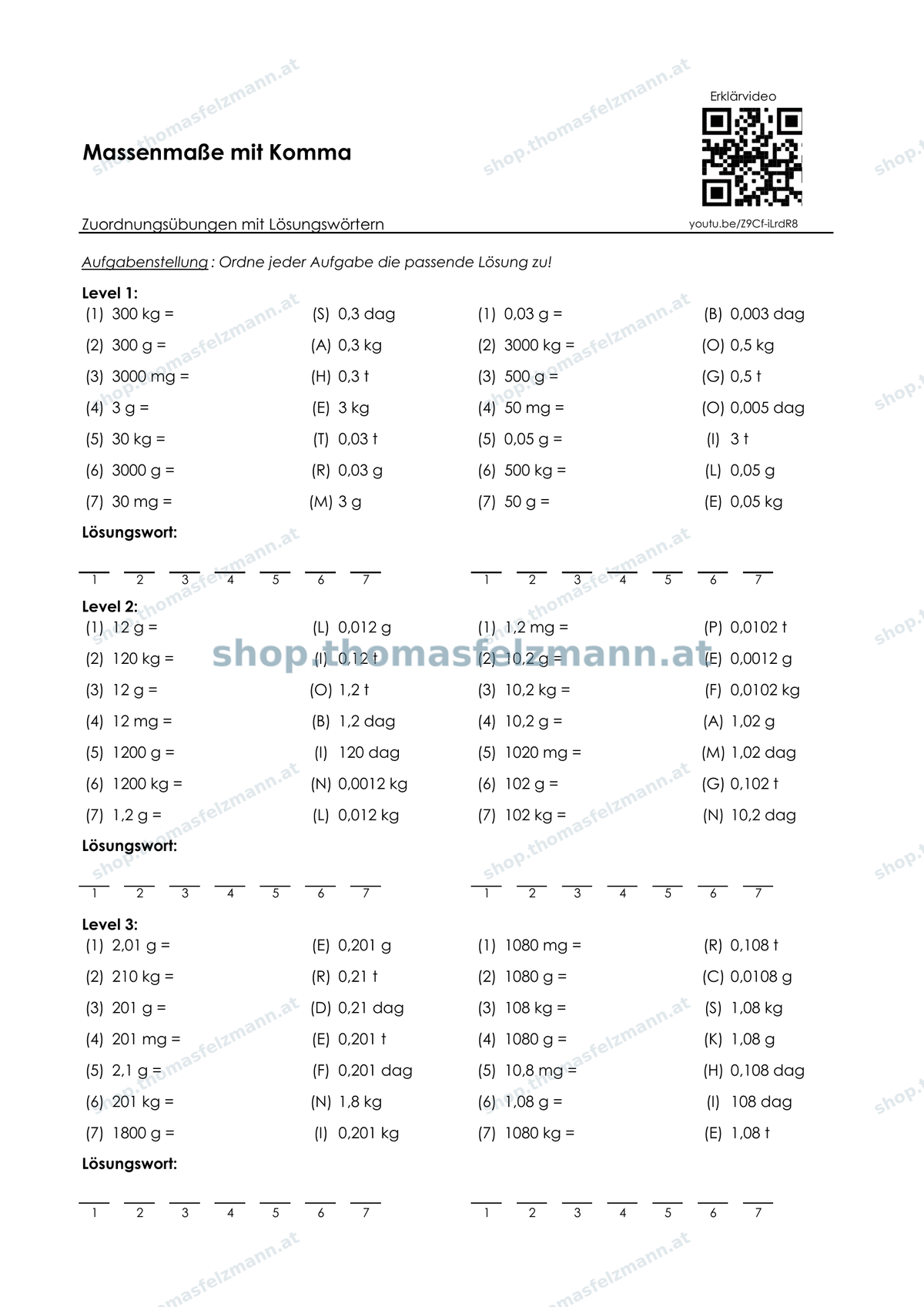 Massenmaße mit Komma (mg, g, dag, kg, t) | Arbeitsheft (180 Seiten inkl. Lösungen)
