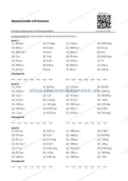 Massenmaße mit Komma (mg, g, dag, kg, t) | Arbeitsheft (180 Seiten inkl. Lösungen)