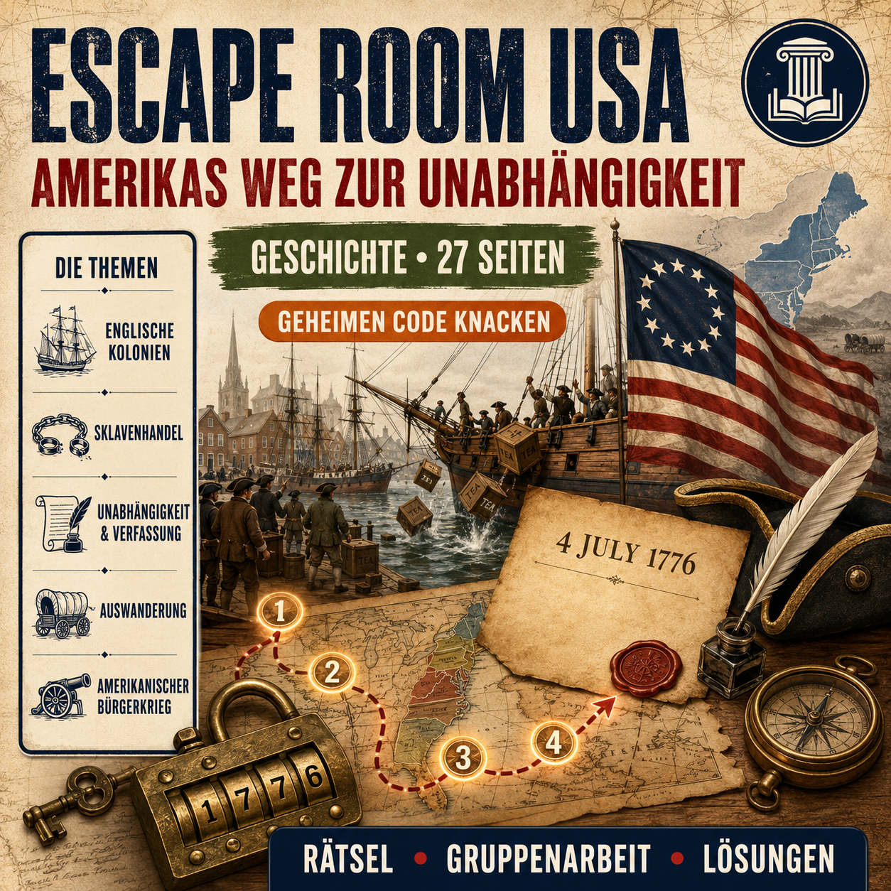Escape-Room USA: Amerikas Weg zur Unabhängigkeit | Geschichte Arbeitsmaterial | 27 Seiten PDF