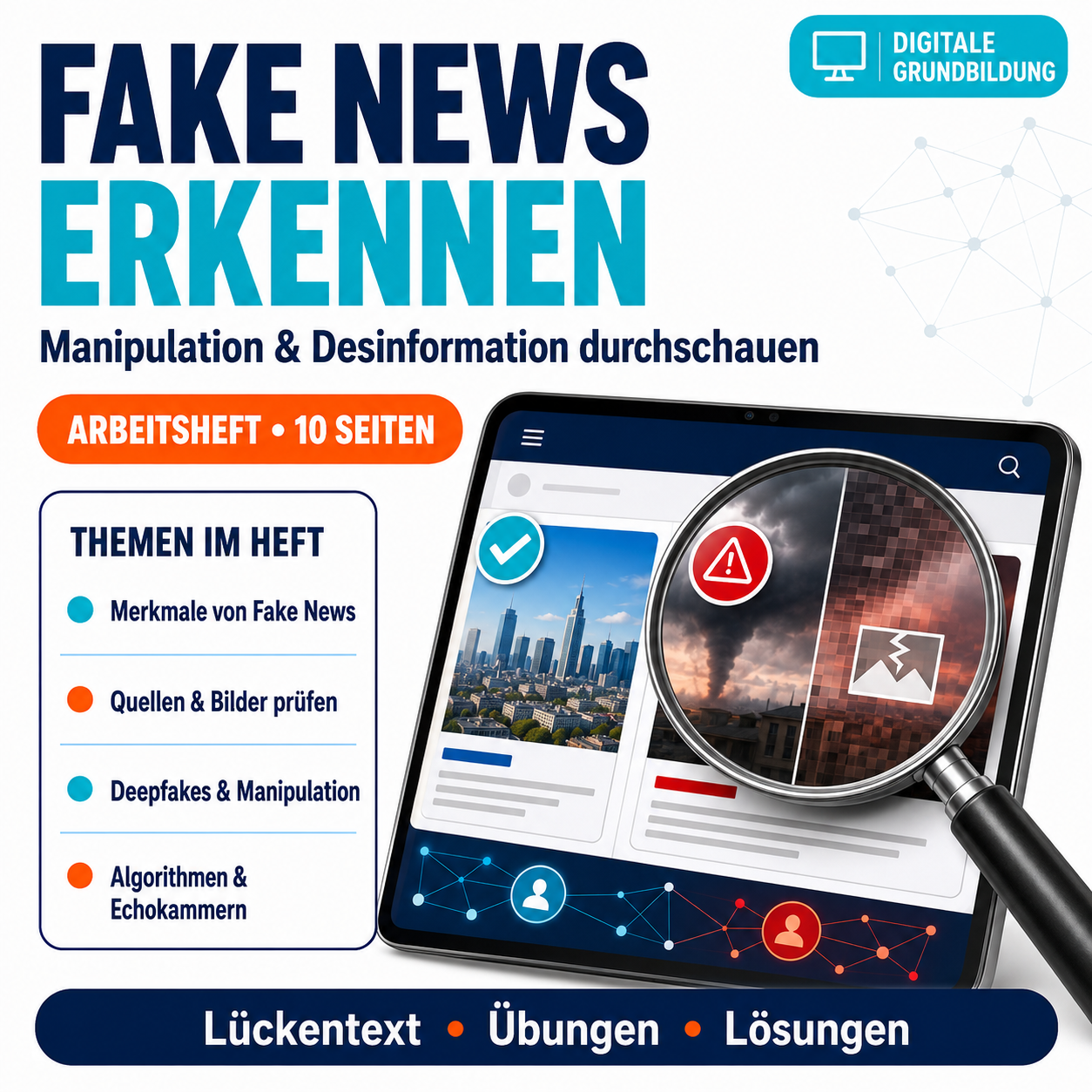 Fake News Arbeitsheft, 10 Seiten, mit Lückentexten, Übungen und Lösungen