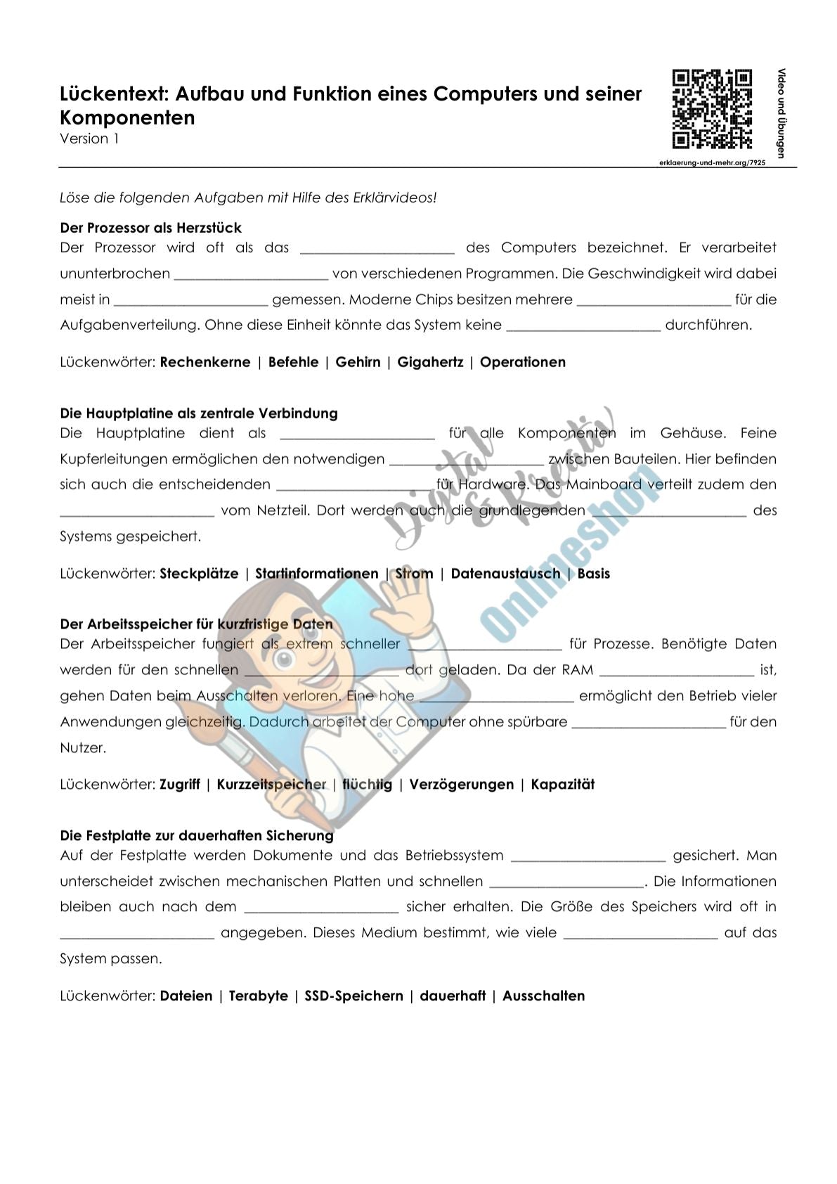 Aufbau und Funktion eines Computers und seiner Komponenten | Arbeitsheft mit Lösungen | 10 Seiten