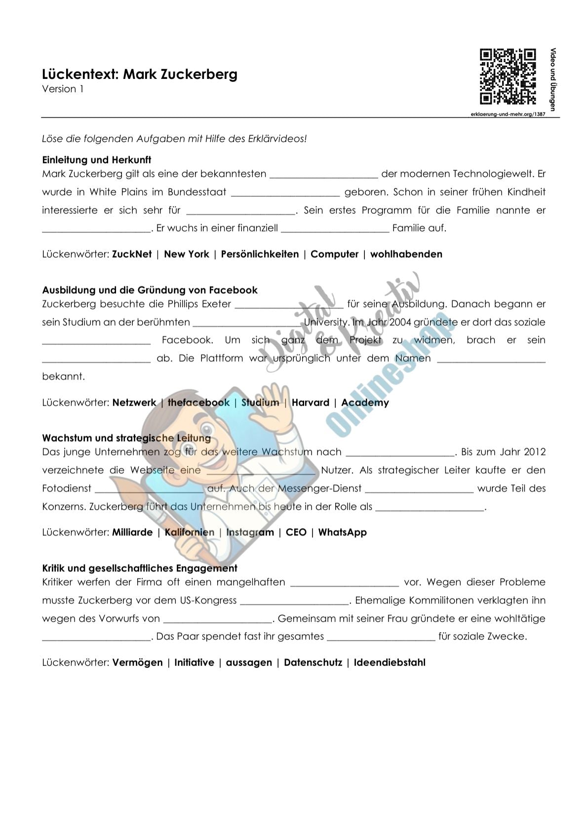 Mark Zuckerberg Arbeitsheft mit Lösungen | Digitale Grundbildung & Medienbildung | 10 Seiten PDF