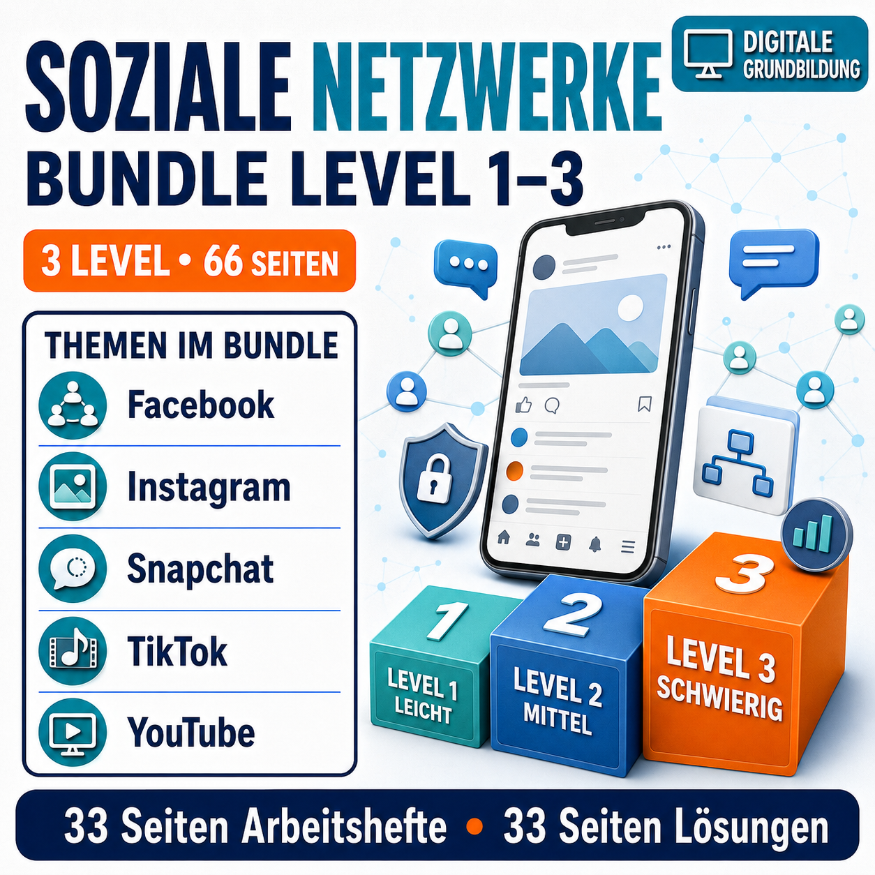 Soziale Netzwerke Arbeitsheft Bundle Level 1 bis 3 | 66 Seiten gesamt | PDF inkl. Lösungen