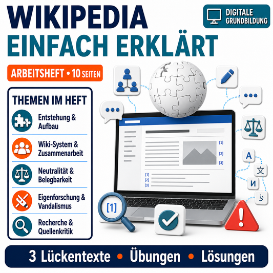 Wikipedia Arbeitsheft, 10 Seiten, mit 3 Lückentexten, Übungen und Lösungen