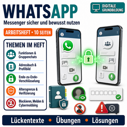 WhatsApp Arbeitsheft, 10 Seiten, mit 3 Lückentexten, Übungen und Lösungen