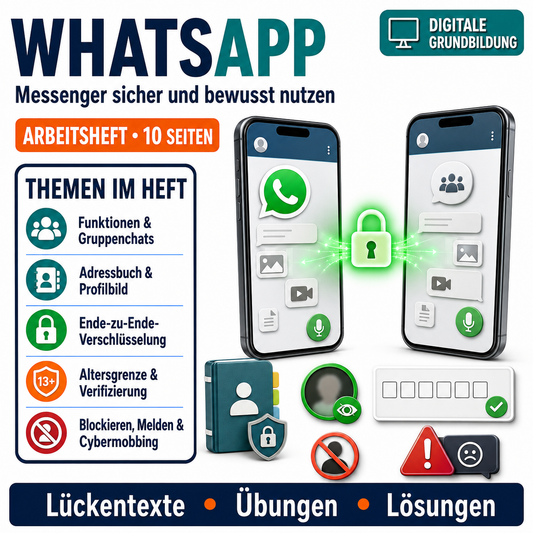 WhatsApp Arbeitsheft, 10 Seiten, mit 3 Lückentexten, Übungen und Lösungen