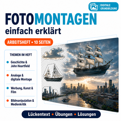 Fotomontagen einfach erklärt Arbeitsheft (10 Seiten) | Lückentexte + Übungen | inkl. Lösungen | PDF