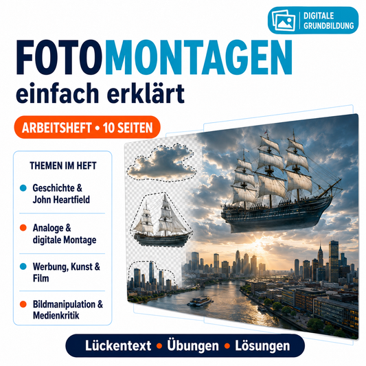 Fotomontagen einfach erklärt Arbeitsheft (10 Seiten) | Lückentexte + Übungen | inkl. Lösungen | PDF