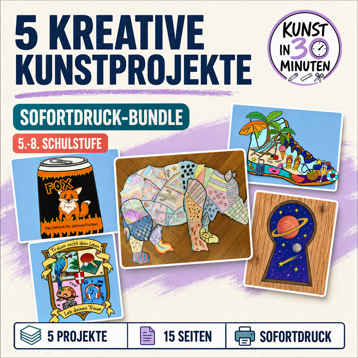 Kunst in 30 Minuten – 5 kreative Sofortdruck-Projekte | 15-seitiges Bundle