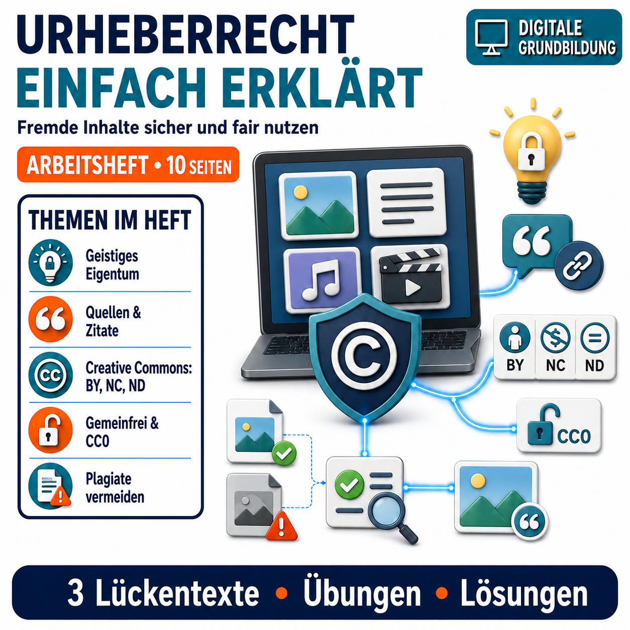 Urheberrechte Arbeitsheft, 10 Seiten, mit 3 Lückentexten, Übungen und Lösungen