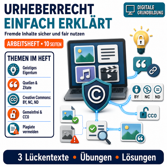 Urheberrechte Arbeitsheft, 10 Seiten, mit 3 Lückentexten, Übungen und Lösungen