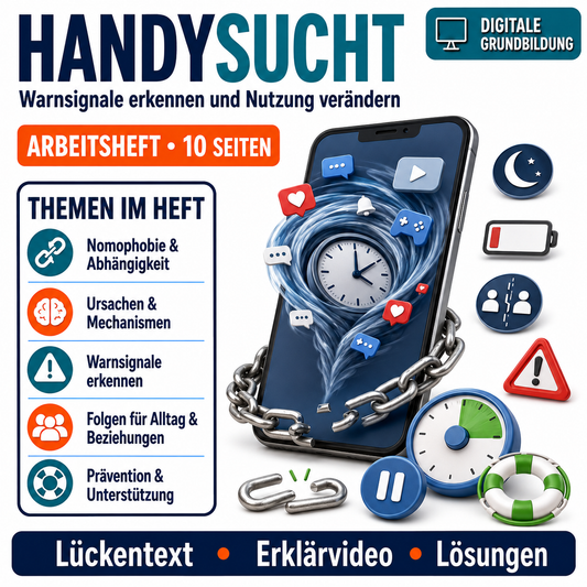 Handysucht Arbeitsheft, 10 Seiten, mit Lösungen und QR-Code zum Erklärvideo
