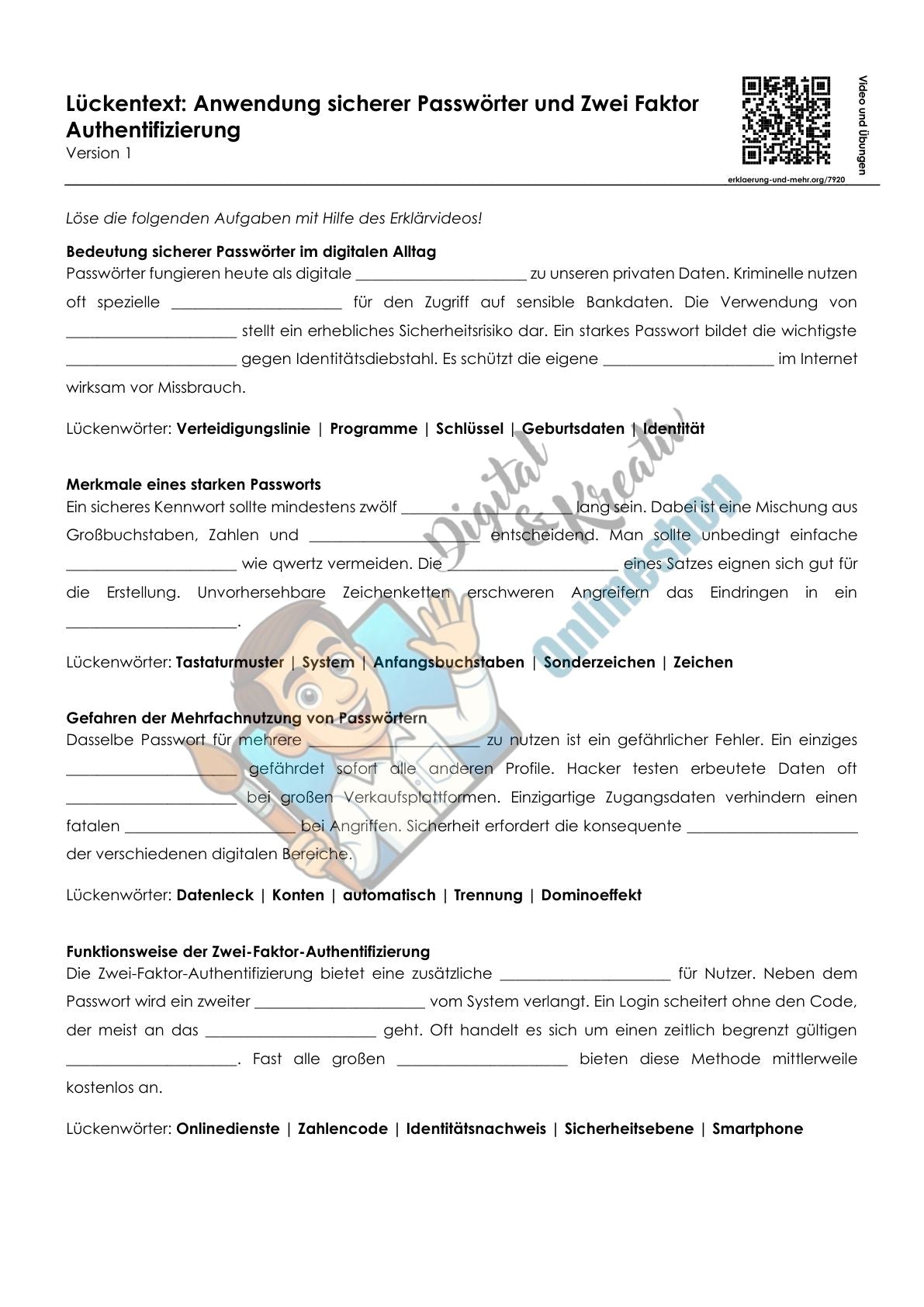 Sichere Passwörter & Zwei-Faktor-Authentifizierung | Arbeitsheft Digitale Grundbildung | 10 Seiten PDF