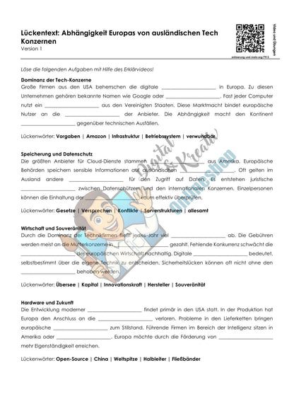 Abhängigkeit Europas von Tech-Konzernen | Arbeitsheft Digitale Grundbildung | 10 Seiten PDF