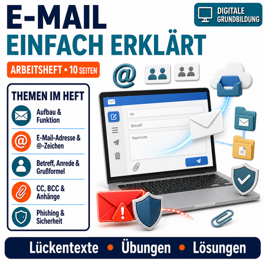 E-Mail Arbeitsheft, 10 Seiten, mit Lückentexten, Übungen und Lösungen